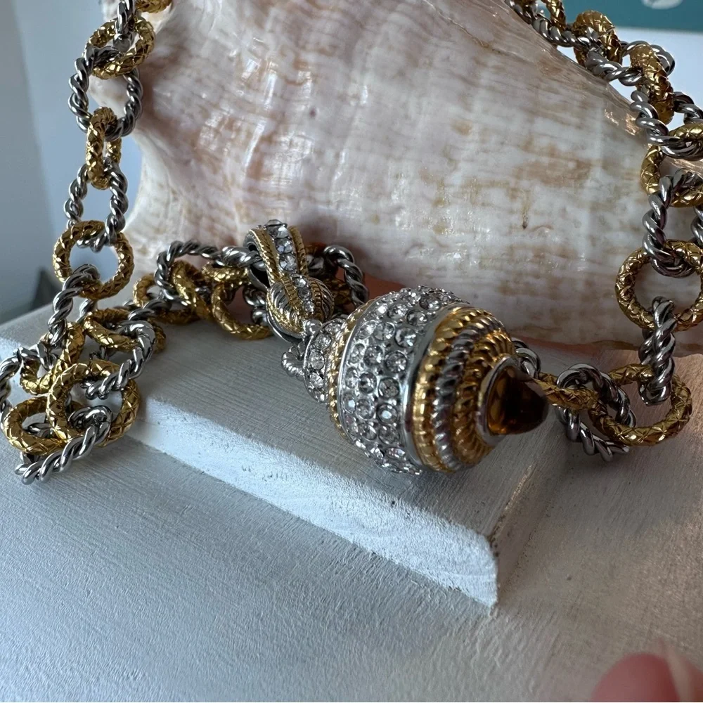DSMK - Stainless Steel Rhinestone Curblink silver and gold Necklace w/ Enhancer